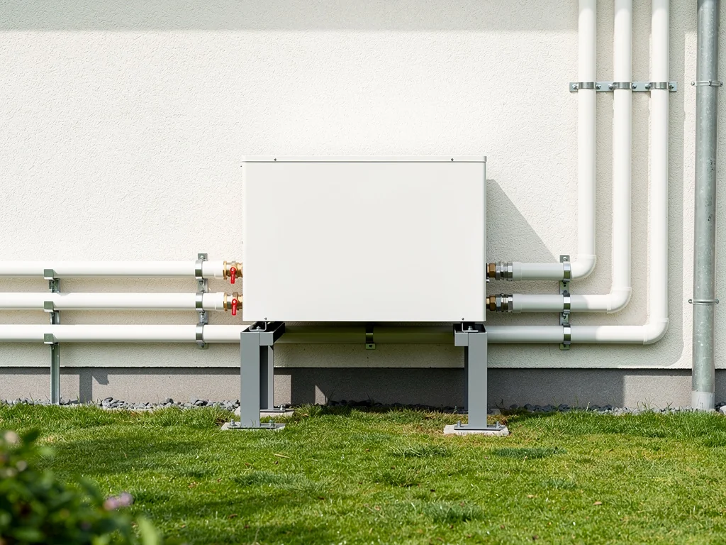 Pompe à chaleur air/eau sur supports antivibratiles dans un jardin arboré
